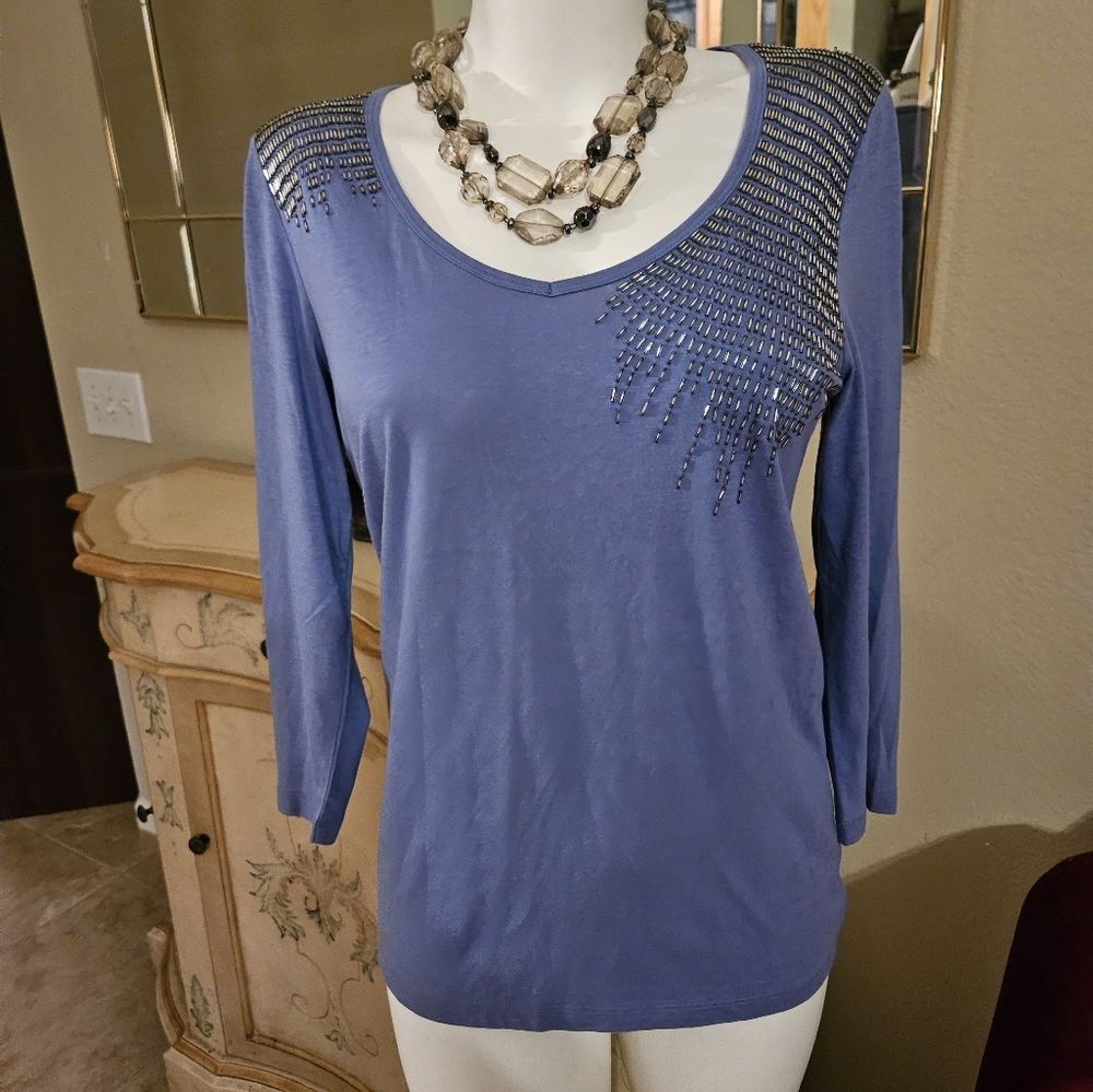 Chico's Shirt 💙 Blue with Silver accent Shoulder 3/4 Sleeve
